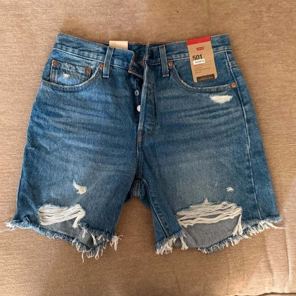 Levi's 501 Mid Thigh Distressed Denim Shorts Size 28